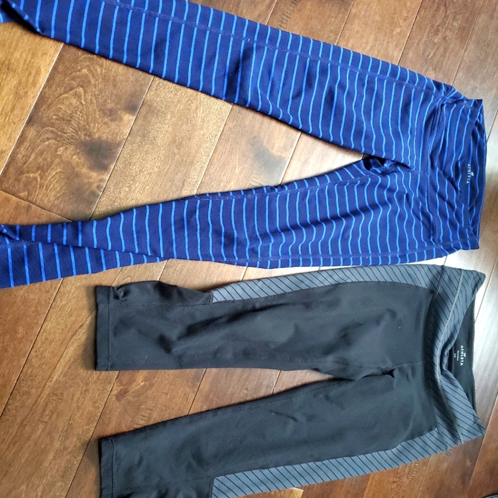 Athleta work out leggings size xs and xxs . One pair is blue stripes xxs